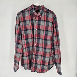 J.Crew Mens Plaid Button Down Shirt Red Grey Blue Long Sleeve Cotton Size L